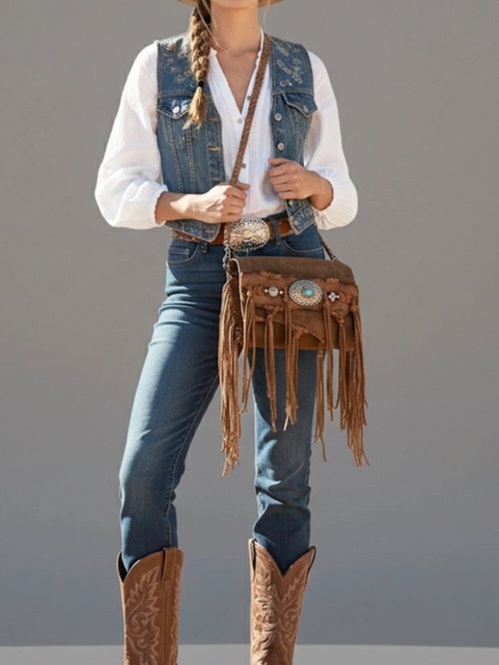 American Darling Western Fringe Crossbody Bag Braided Leather Concho&Turquoise - Picture 2 of 8